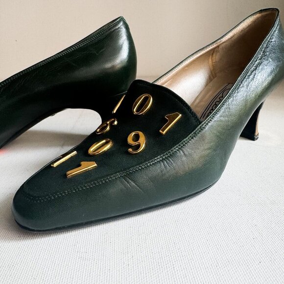 Vintage Colette Dark Forest Green Numbers Detail Kitten Heel Suede Heels 35.5 - Picture 8 of 10